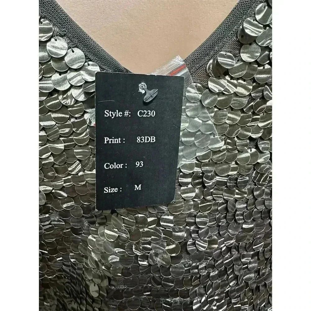 NWT Chaudry Silver Sequin Dress M Knee Length 3/4 Sleeve Party Cocktail - Picture 5 of 10